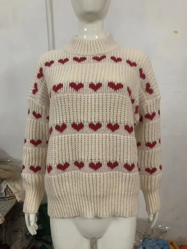 Kintted Sweater Women Heart O-neck Crochet Y2k Top Long Sleeve
