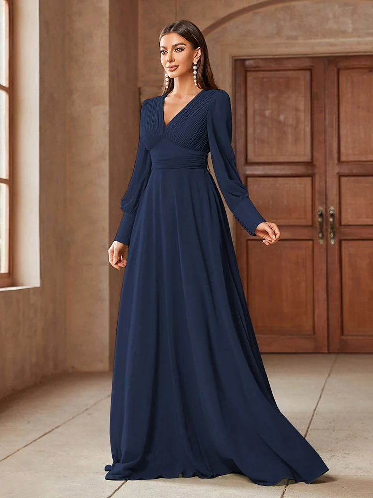 TOLEEN 2024 New Spring Summer Luxury Elegant Formal Party Evening Clothing Women\'s Simple V-Neck Solid Color Long Sleeve Dresses