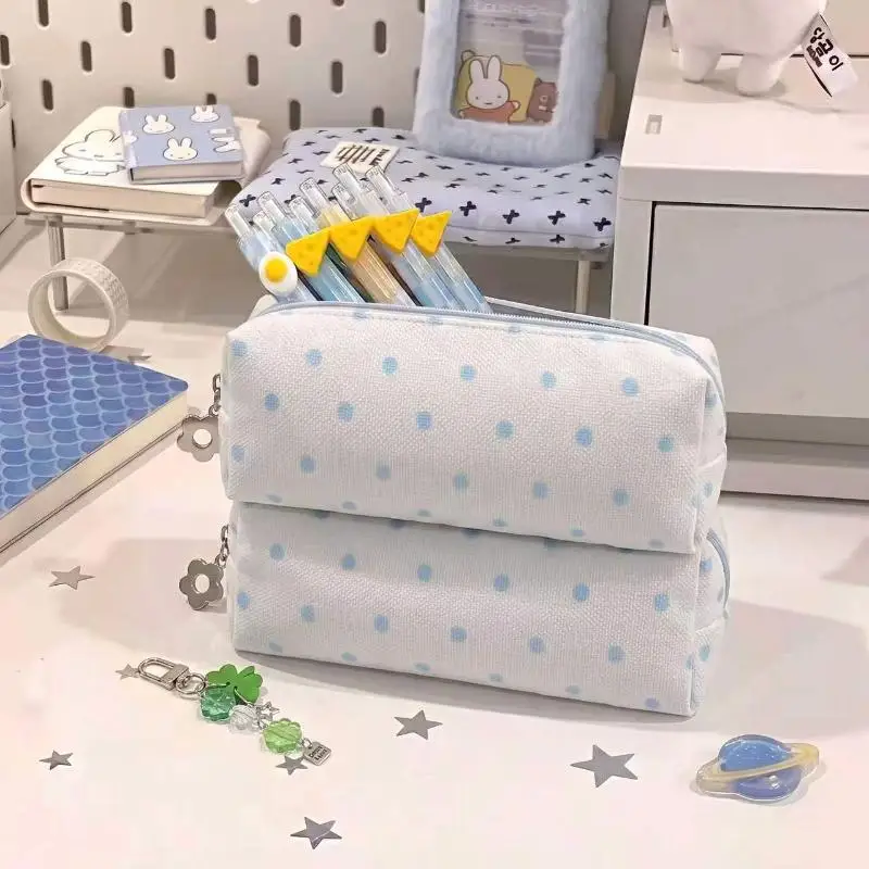 Cream Color Pencil Case Polka Dot Multifunctional Large Capacity Stationery School Gift