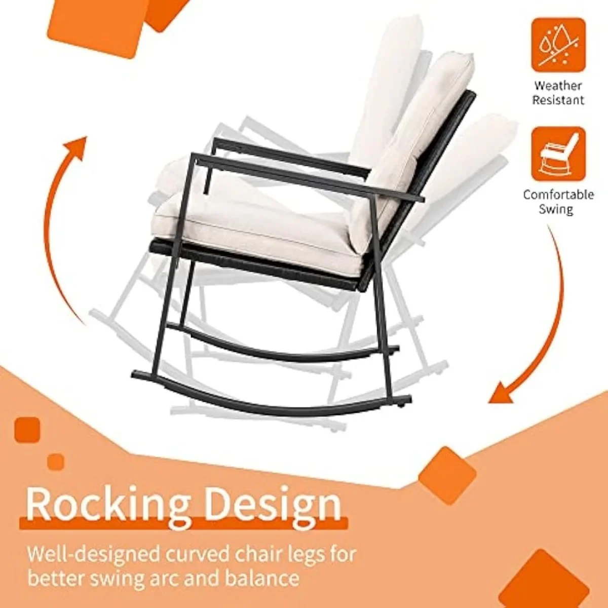 Outdoor Wicker Rocking Chair Set, Bistro Conjuntos com Mesa de Café e Almofadas, Metal Frame Mobiliário Pátio, Bege, 3 Pcs