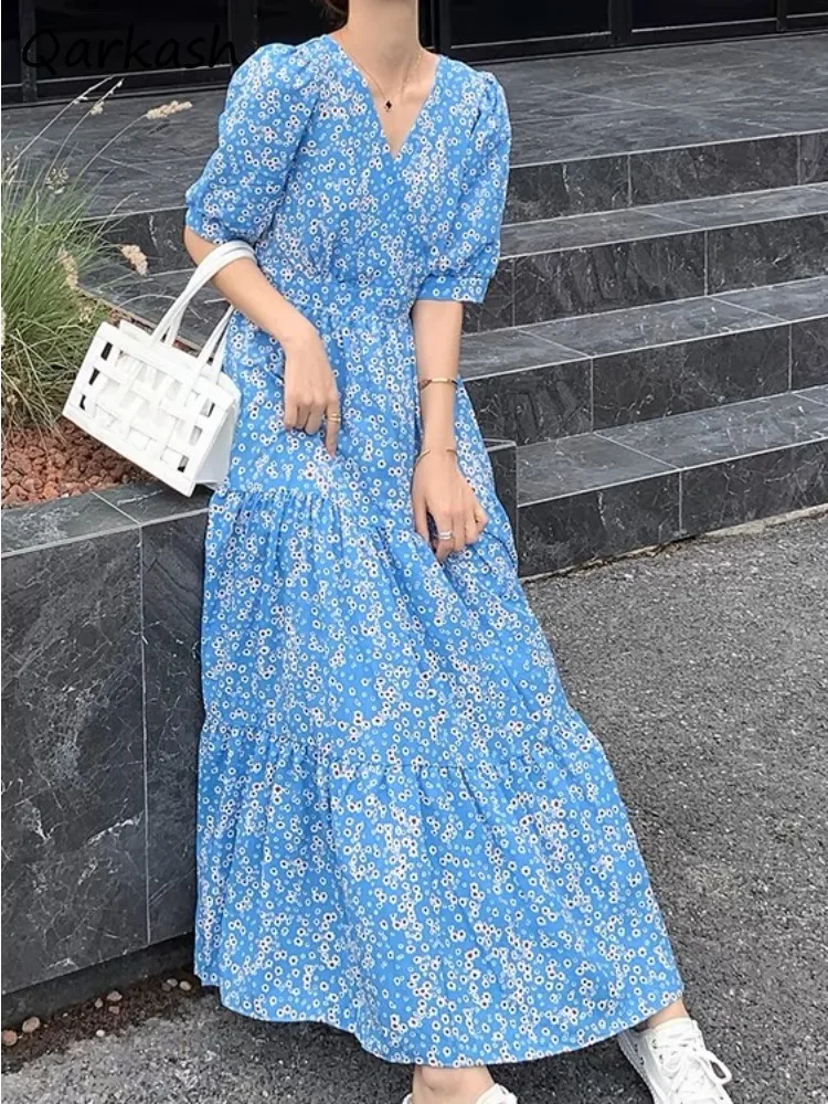 

Blue Floral Dresses Women Vintage Elegant Classic Feminine Tender Aesthetic Temperament A-line Baggy Slouchy Youthful Viatlity