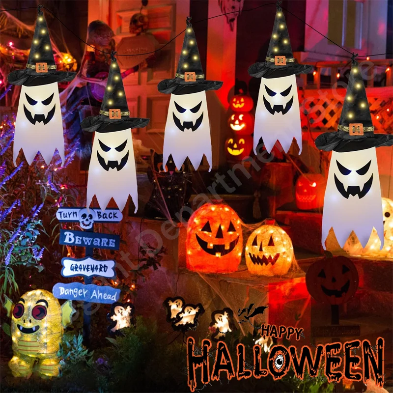 

LED Flickering Ghost Hat Halloween Decoration 45/80CM Haunted House Accessories Glow Wizard Lamp Outdoor Party Hanging Decor
