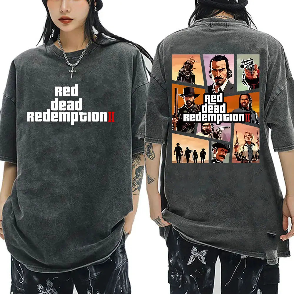 Классическая футболка с принтом Артура Моргана Red Dead Redemption 2, винтажная стираная футболка с игровым плеером, мужская одежда, модные футболки большого размера Классическая футболка с принтом Артура Моргана Red Dead Redemption 2, винтажная стираная футболка с игровым плеером, мужская одежда, модные футболки большого размера