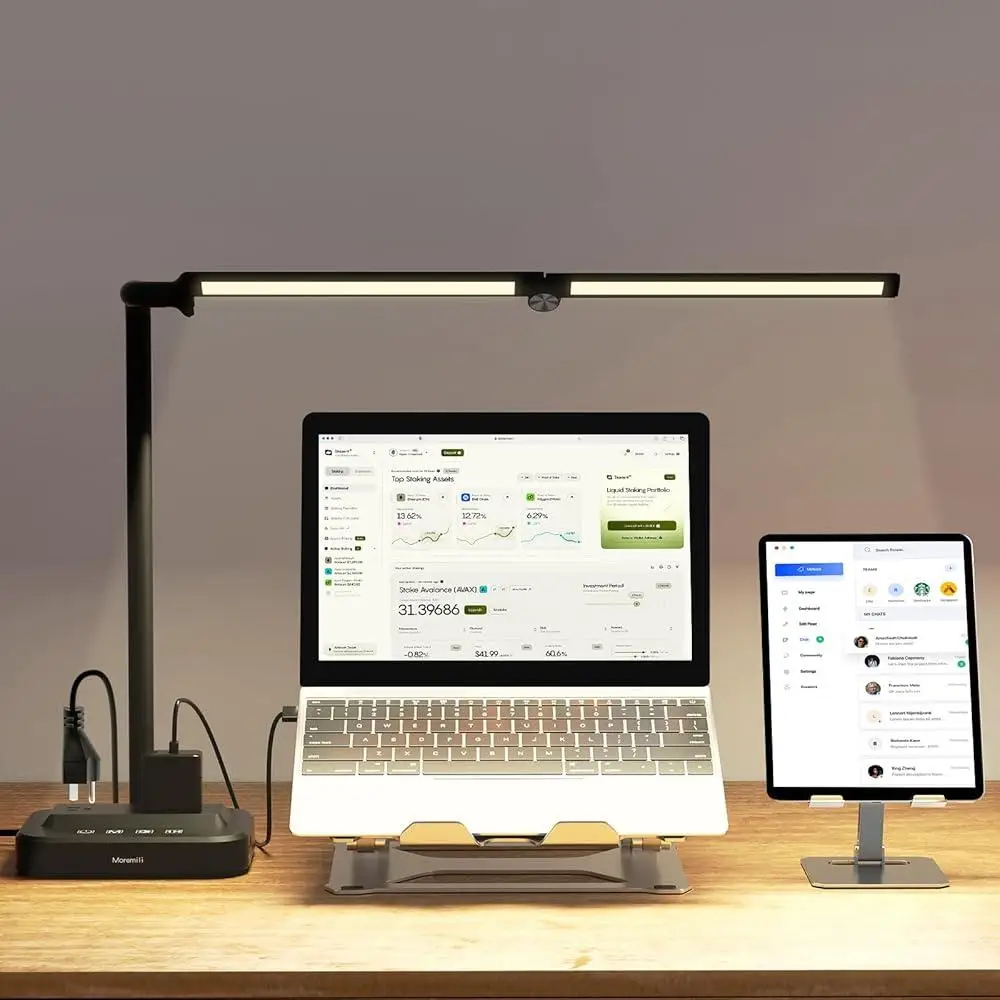 Desk Lamp with USB Charging Port and Power Strips 2 AC Outlets Type-C USB-A Surge Protection Adjustable Neck LED Lighting