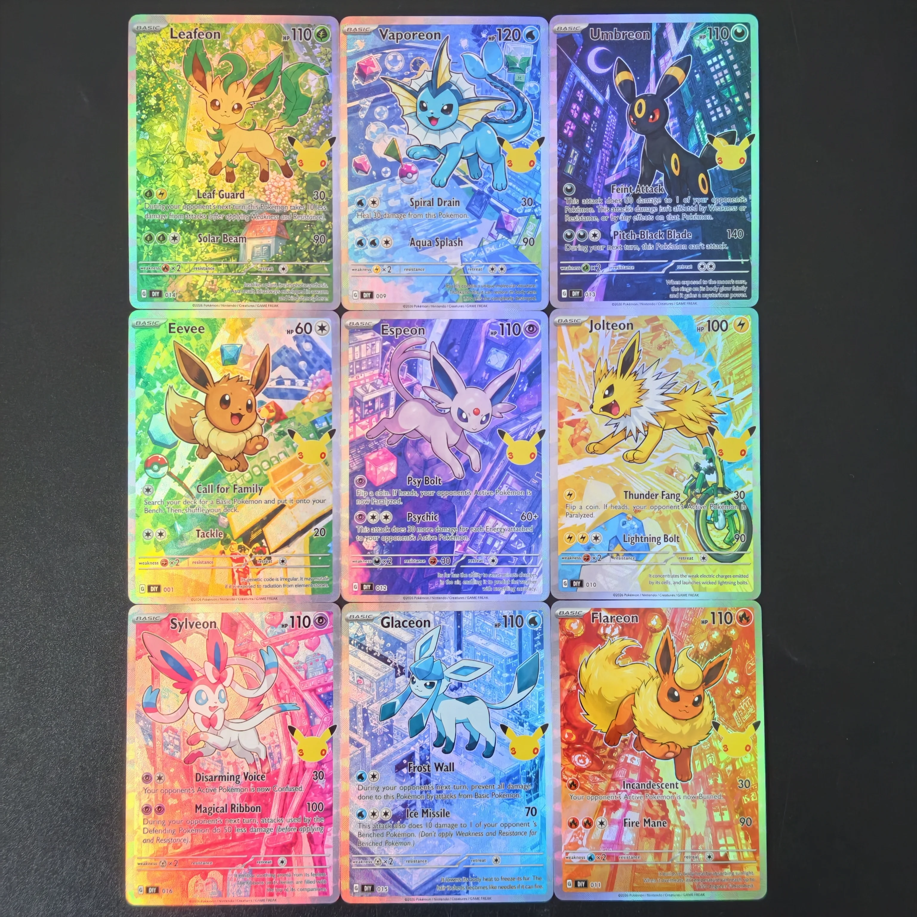 DIY PKM Karte 30. Jubiläum Eeveelution Sylveon Glaceon Umbreon Espeon Holo Foil Karte DIY TCG Advanced Sammelkarte