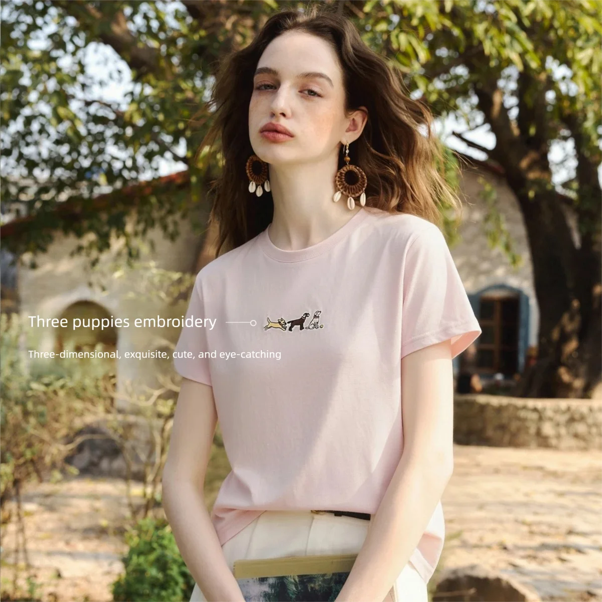 OLrain Cute Puppy Embroidery 100% Cotton Short Sleeve Tee 2026 Summer Casual Versatile Crew Neck Straight Top Women O58XT005068