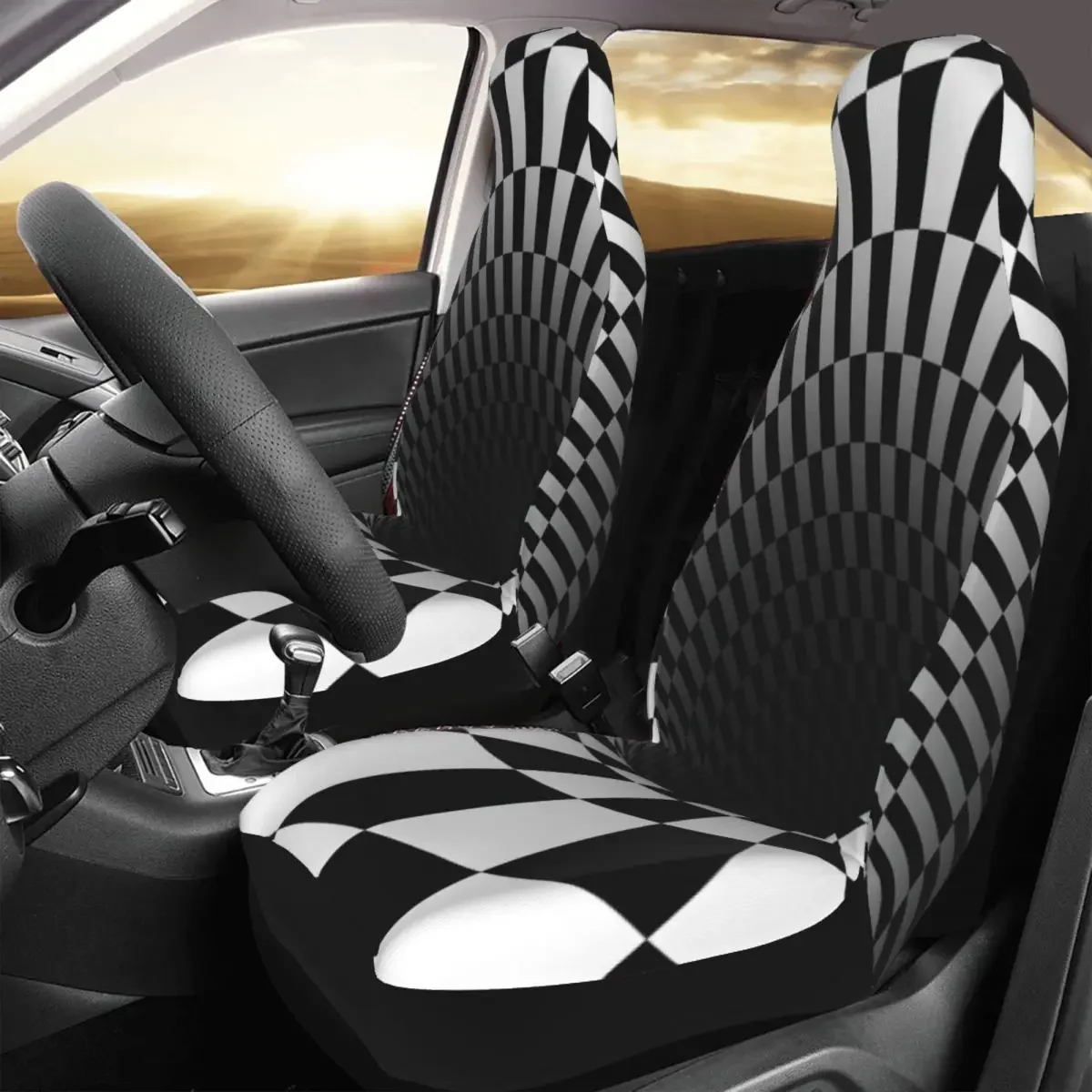 Retro, Abstract, Black And White, Geometric, And Illusion 3D Monotone Mystery Vortex Car Seat Cover Custom Printing