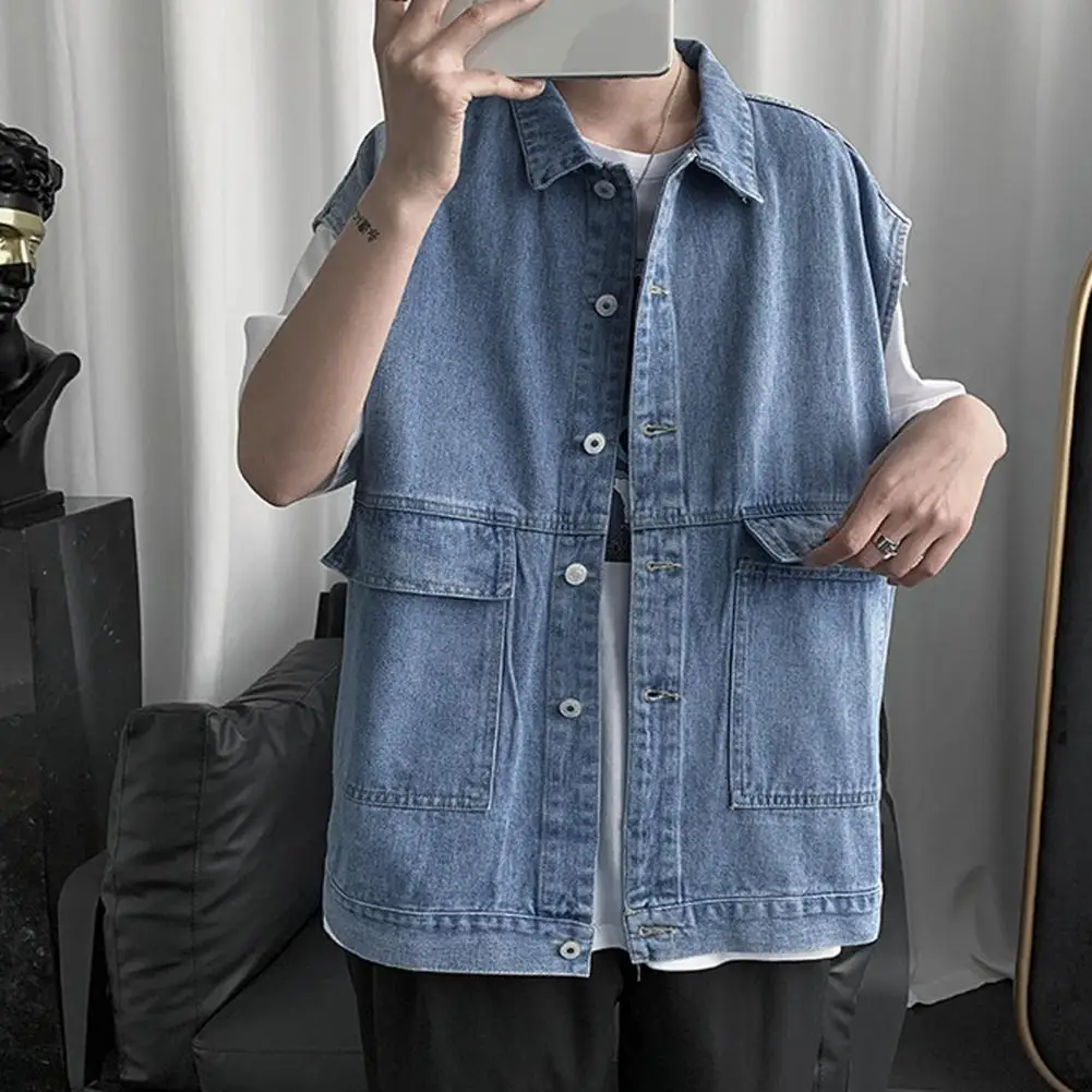 

Men Summer Denim Vest Coat Men Denim Sports Vest Men's Sleeveless Denim Vest with Large Pockets Ripped Holes Single for Casual