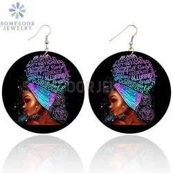 SOMESOOR Says I Am God Black Afro Wooden Drop Earrings Girly Smart Sayings Printed Gorgeous Loops Dangle Jewelry For Women Gifts