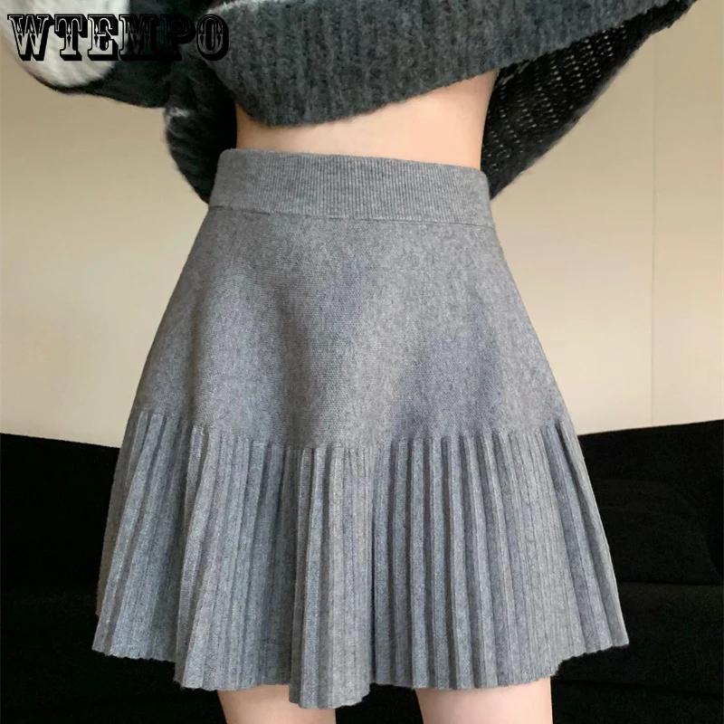 Khaki Knit Skirt Women\'s High Waist Pleated A-line Skirt Vintage Women Clothing