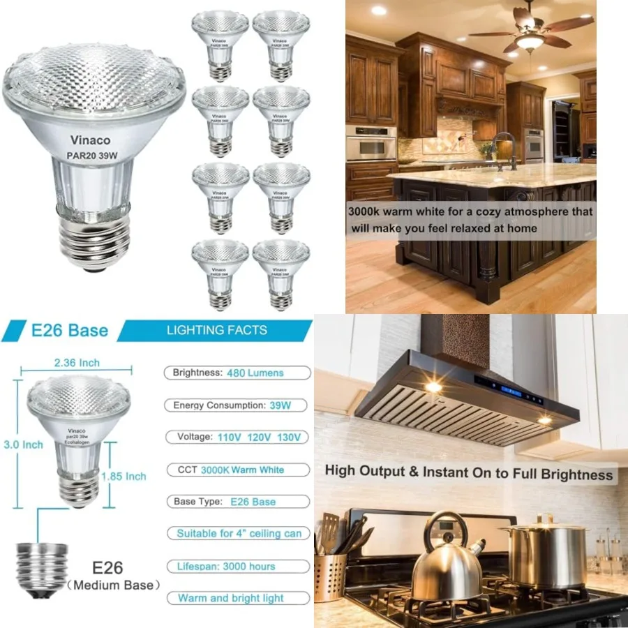 9PCS Eco Halogen Light Bulb, 39W PAR20 Warm White, Dimmable, 480 Lumens, 3000K, 120V, E26 Medium Base, 40° Flood Beam Angle, Tr