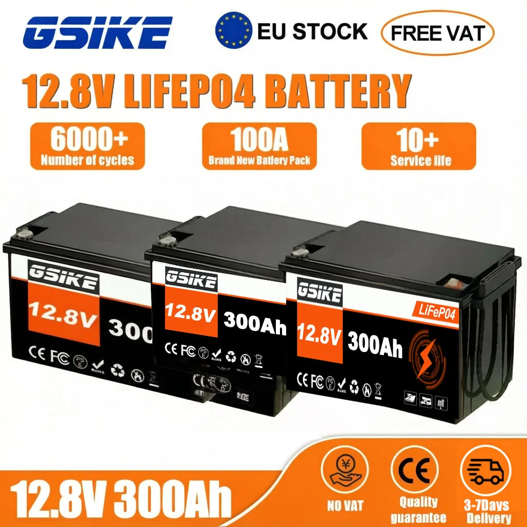 Lot de 3 batteries GSIKE 300AH 12V Lifepo4, packs de batteries 24V 100AH, batteries solaires au lithium rechargeables avec BMS, cellules de qualité A, rechargeables pour stockage extérieur/domestique, batteries au lithium fer phosphate pour stockage d'énergie solaire domestique, stock UE, sans taxes