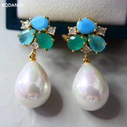 KQDANCE Hand Craft Women Colored Blue Green Zircon Stone Tear Drop Pearl Earrings with 925 Silver Needle Gold Plated Jewelry New