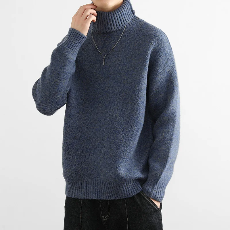 

Мужской вязаный свитер с высоким воротником, утепленный, однотонный, базовый, зимний, новинка, теплое нижнее белье, лонгслив