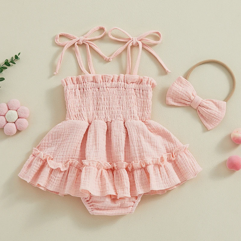 Lioraitiin Newborn Baby Girls Romper Dress Summer Clothes Sleeveless Solid Color Tie Up Spaghetti Strap Jumpsuit With Headband