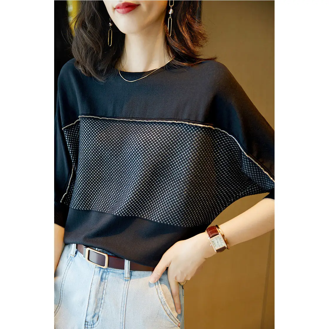 Round Neck Pullovers for Women, Vintage Three Quarter Blouses, Korean Top T-Shirt, Elegant Fashion, Temperament Creative, New,