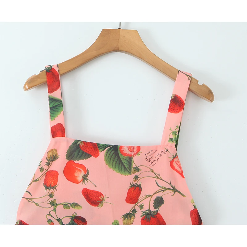 YENKYE Strawberry Print Square Collar Sexy  Backless Mini Tank Dress Women Pleated Hem A-line Short Summer Dresses Holiday Robe