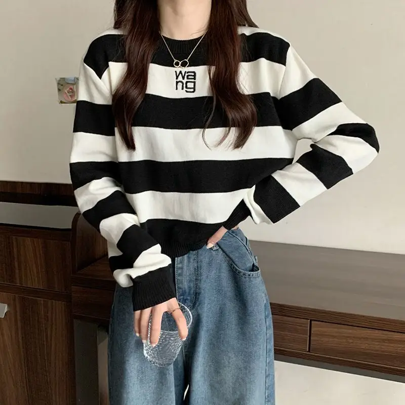 Preppy Style Autumn Winter New Sweaters Women\'s Round Neck Striped Letter Contrast Color Fashion Loose Long Sleeve Knitted Tops