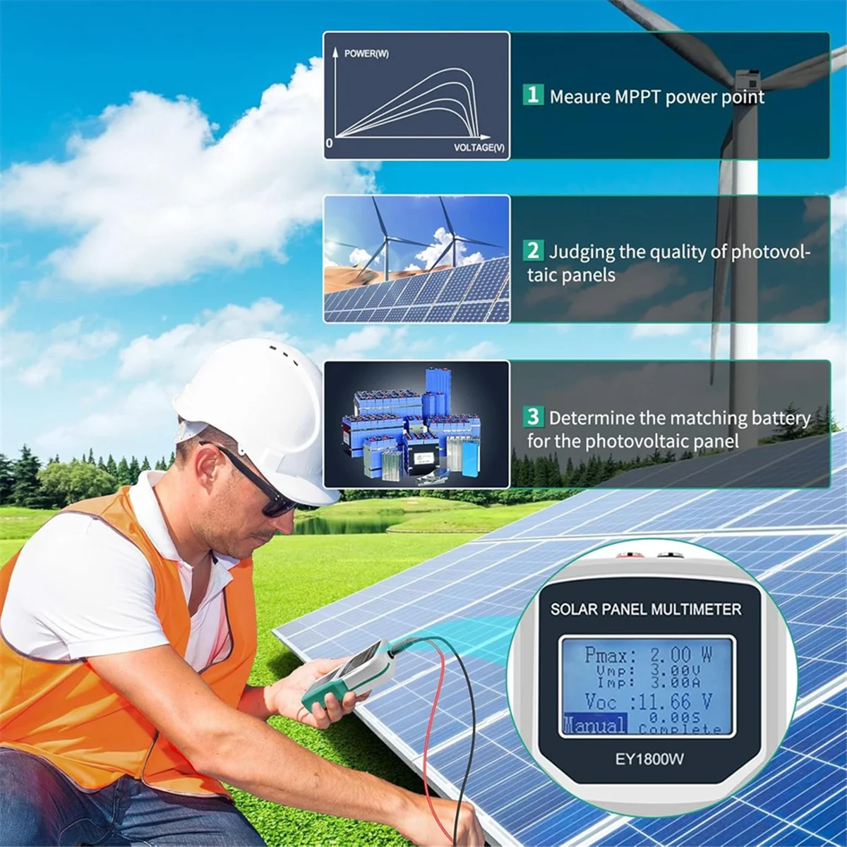 Solar Panel Smart Tester 1800W Auto/Manual MPPT Photovoltaic Panel Multimeter Testing Power Meter Tool EY1800W