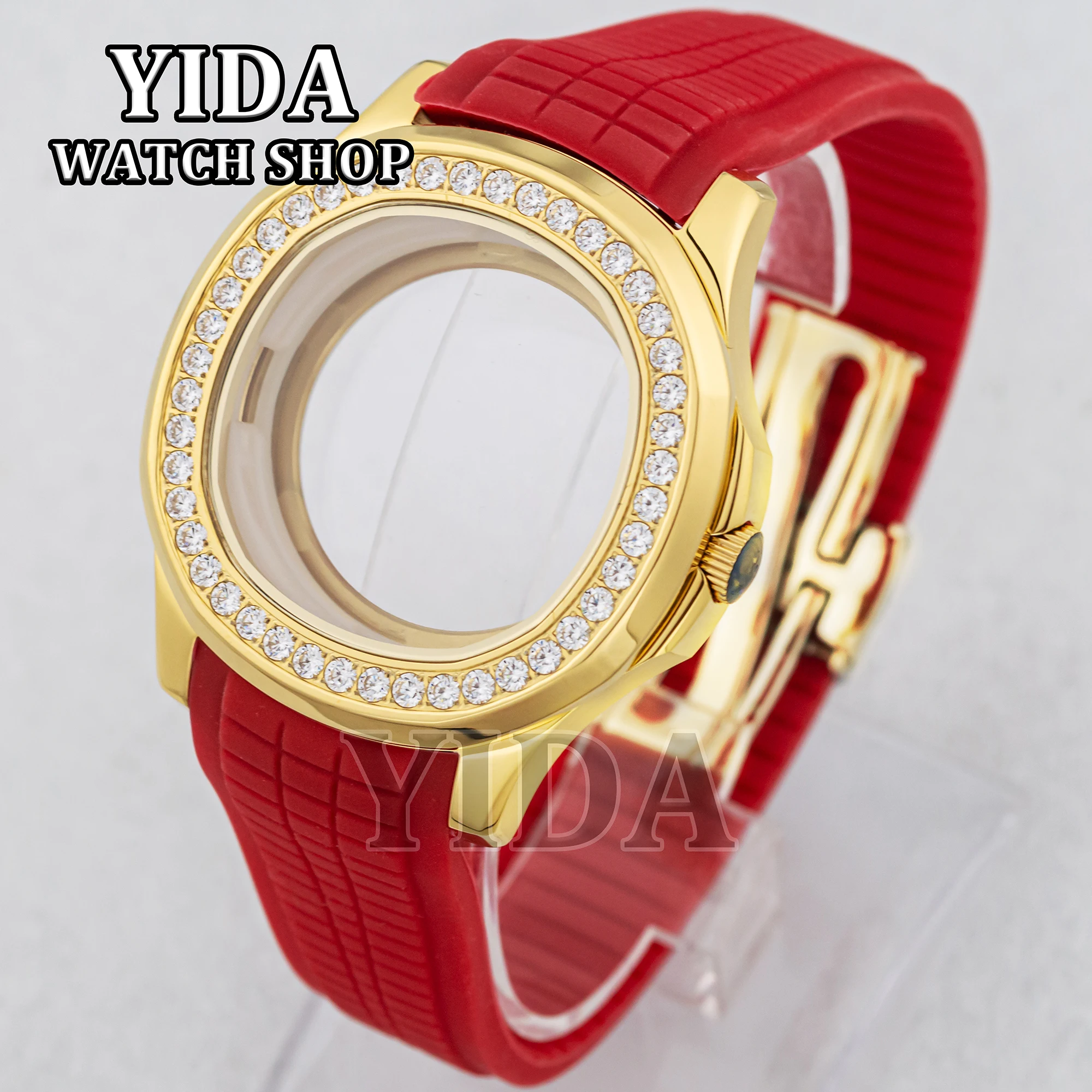 42MM Diamond NH35 PVD Gold Watch Case Rubber Wristband 32mm Dial Sapphire Glass  for AQUANAUT Nautilus  NH36 Movement  Accessory