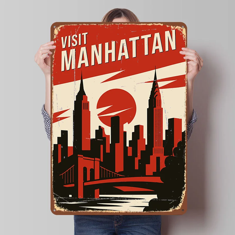 Manhattan Retro Travel Tinplate Poster Custom Wall Art Vintage Metal Signs Retro Tin Plaque for Coffee Bar Accessories Wand Deko
