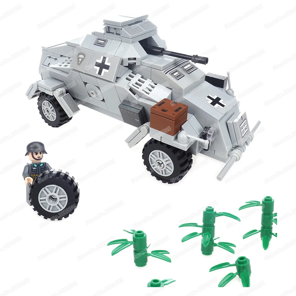 Military WW2 Sd.Kfz.222 Building Block Assemble Army Figures Four Wheels Armor Scout Car Weapons Turret Model Child Gift Boy Toy