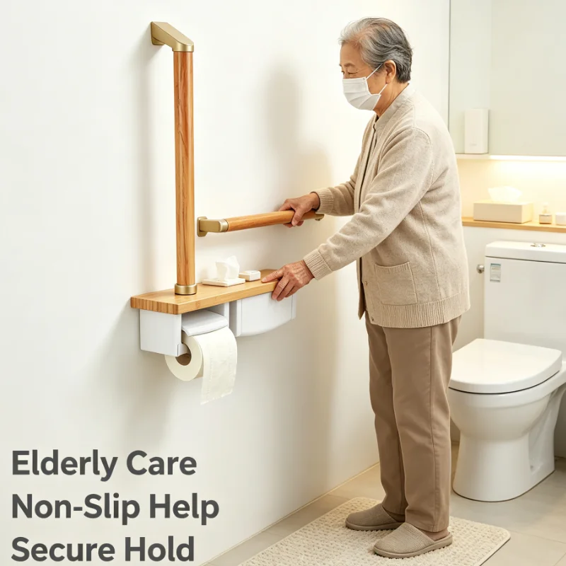 Wooden Bathroom Toilet Paper Holder With Vertical Assist Handle Wall Mounted Storage Shelf For Roll Tissue Phone Watch