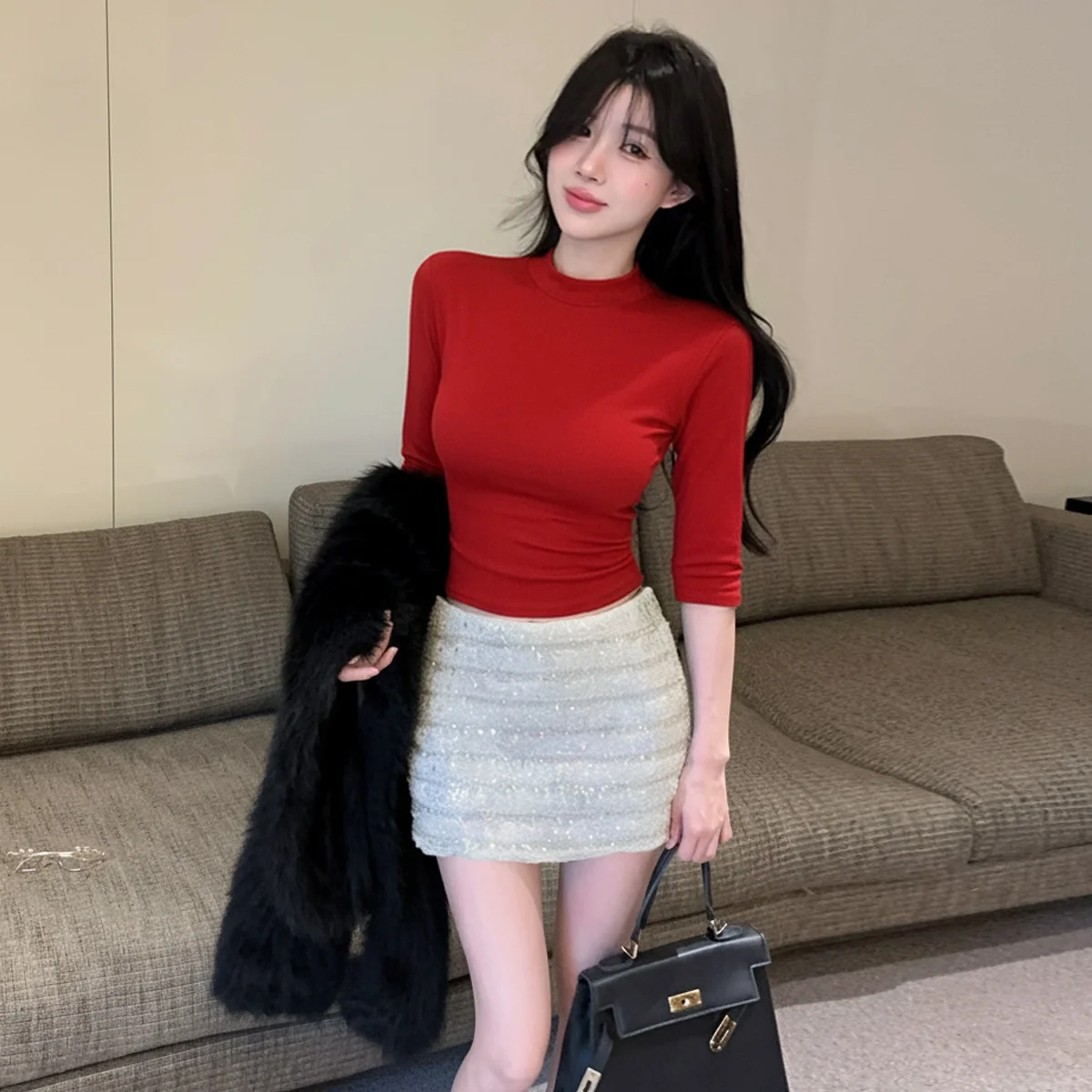 American Style Hot Girl Halter Neck mid Sleeve Casual High Waist Leopard Print Sequin Wrap Body Short Skirt Set Women