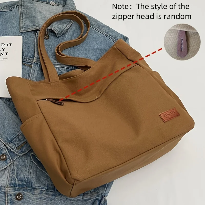 Large Canvas Tote Bag With Zipper, Versatile Solid Color Shoulder Bag, Spacious Travel Handbag For School And Work