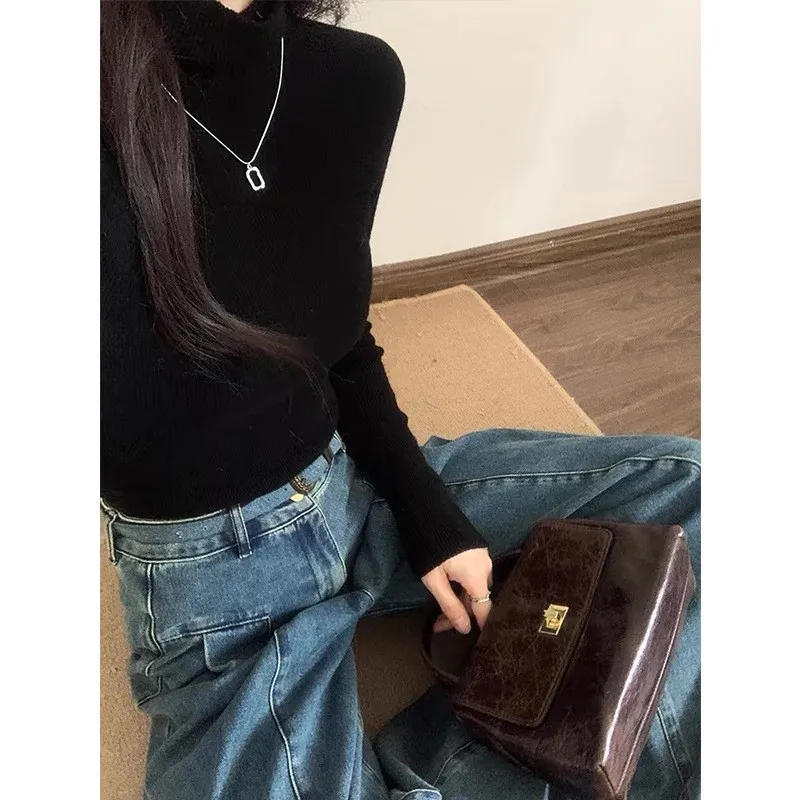 High Waist Wide Leg Denim Jeans Women Loose Fitting Long Straight Cut Trousers Solid Color Floor Length Fashion Style