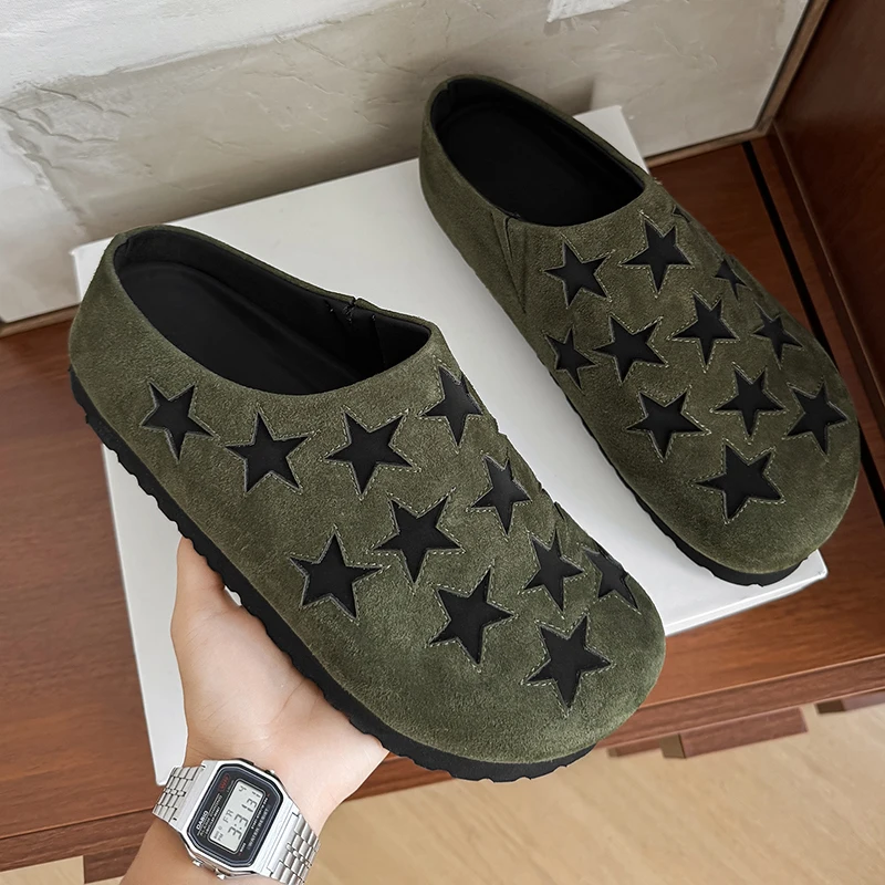 

Vintage Half Shoes for Men Women Couple Mules Loafers Slippers Open-back Casual Shoes Suede Leather Slides Sandal Slip On Flats
