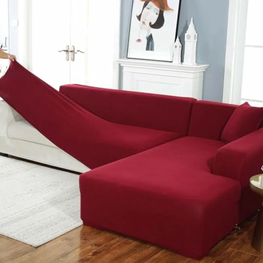 Stretch Sofa Cover for 1/2/3/ and L-Shape Couches - Solid Color Pet-Friendly Slipcover with Anti-Slip Elastic Bottom, Machine W