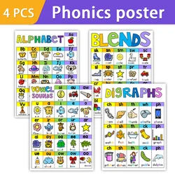 A4 4Pcs English Words Phonics Spelling Classroom Decoration Education Posters Teaching Aids Learning Toys for Children Flashcard