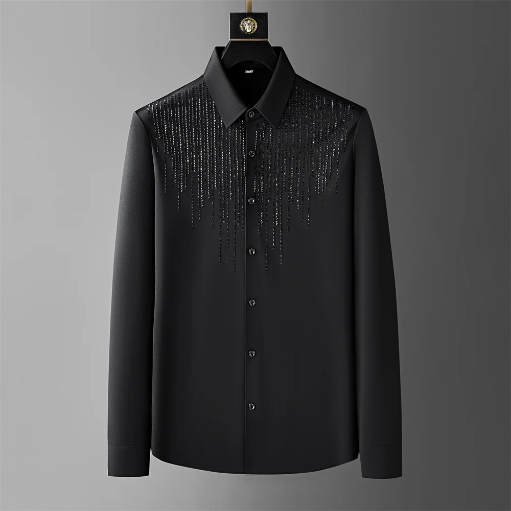 

2024 Spring Men Long Sleeve Shirt Luxury Rhinestone Slim Casual Shirts Comfortable Breathable Business Dress Shirt Men Clothing