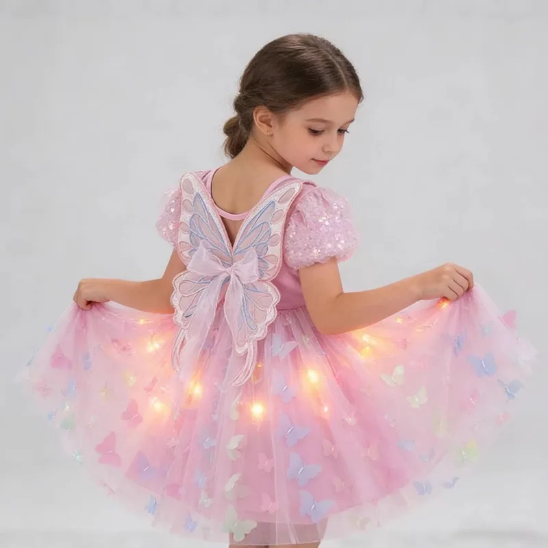 2026 Summer Girls Embroidered Butterfly Wings Dress Children Mesh Splicing Puffy Dress Party Glowing Princess Dress 3-10T