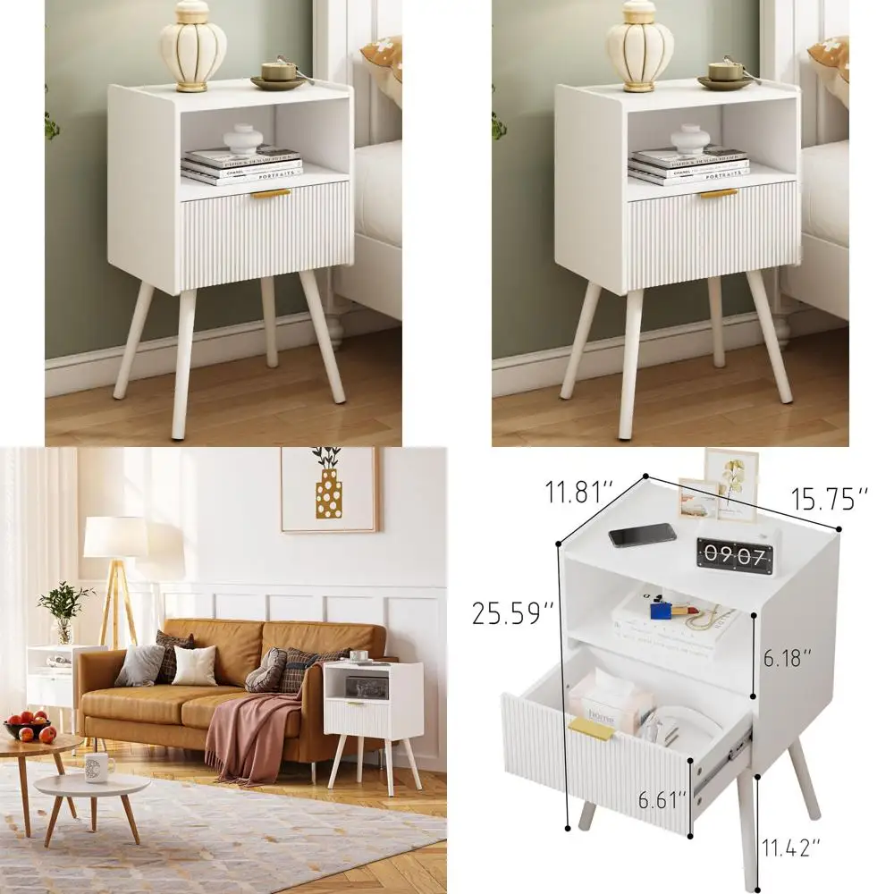 

Modern White Bedside Table with Storage Drawer and Shelf, Ideal for Living Rooms and Small Spaces, Solid Wood Legs, Easy Assembl
