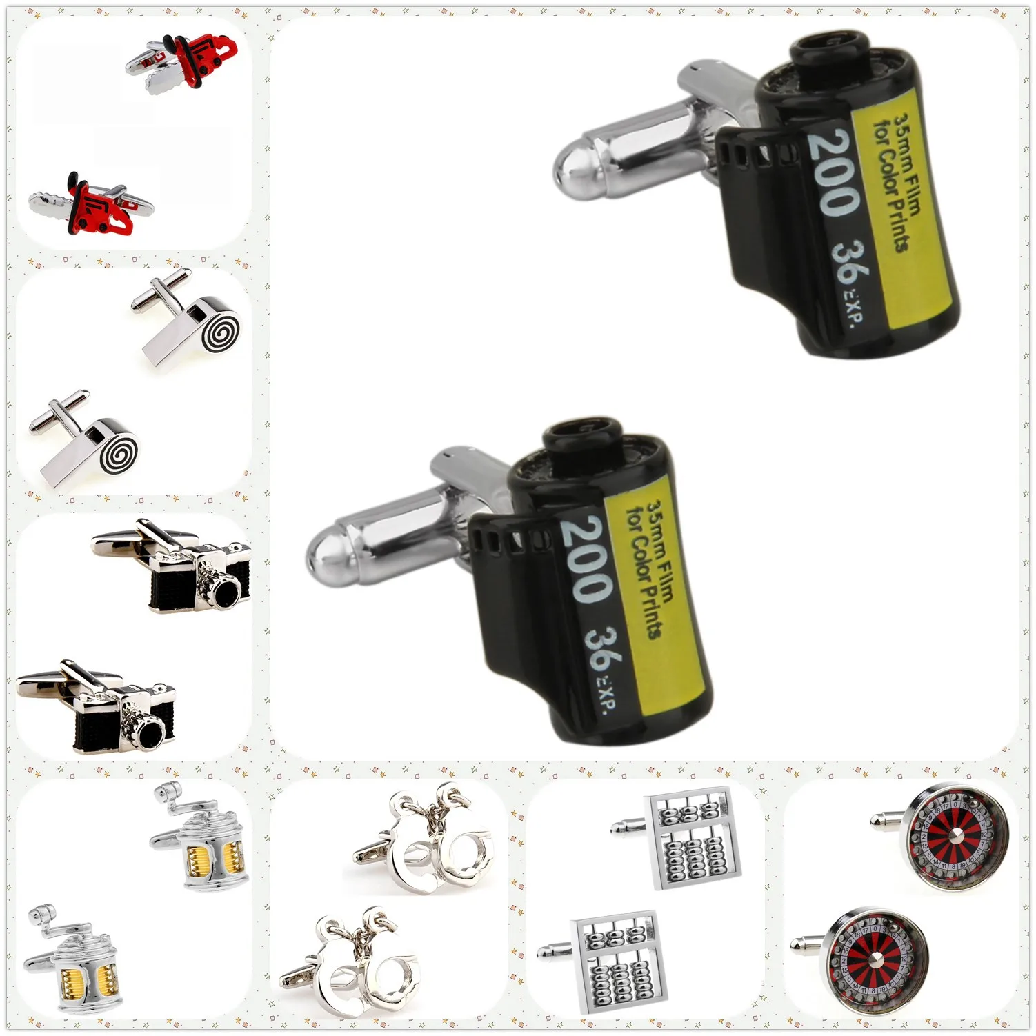 Fashion Cufflinks 28 Designs Mens Cuff Links Free Shipping Microphone Camera Handcuffs Bulb Knife Fishing Line Helmet Saw
