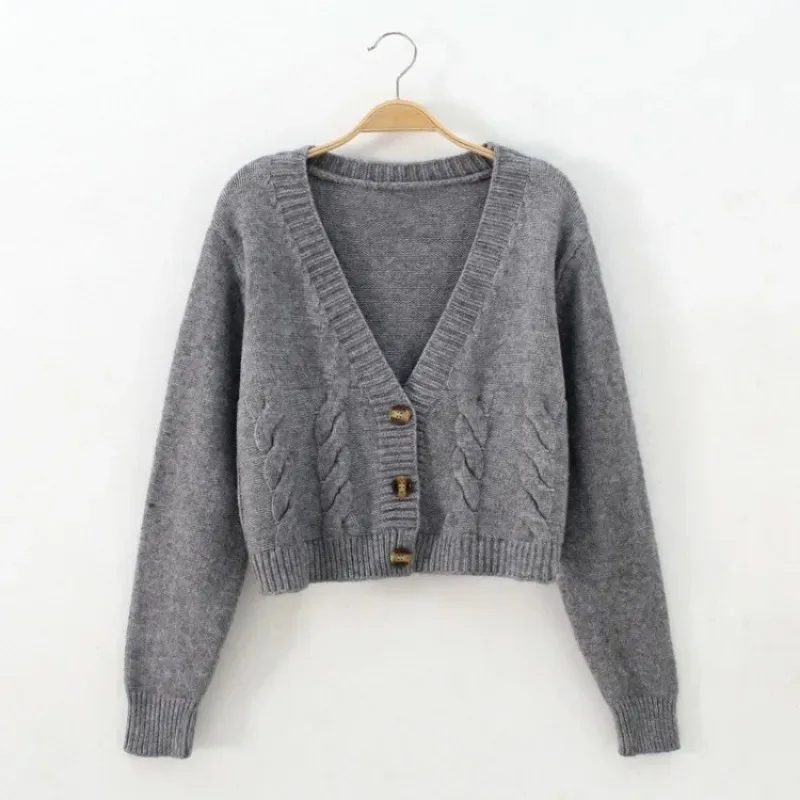 V Neck Cropped Cardigan Women Long Sleeve Twist Knitted Sweater Coats Autumn Winter Keep Warm Korean Fashion Jacket Cardigan