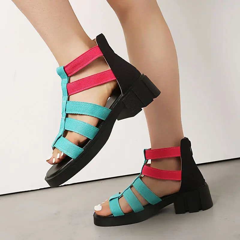 REAVE CAT 2026 النمط الروماني النساء الصنادل جولة تو 4 سنتيمتر كعب سميك سستة مختلط اللون حذاء كاجوال حجم كبير 42 43 44 45 46 #4