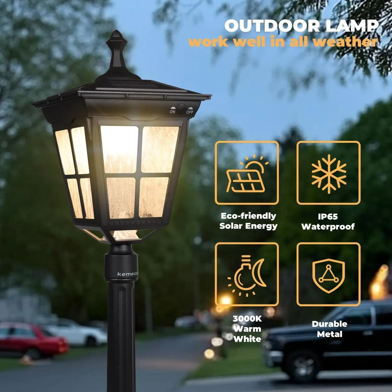 ST4311AQ Post lumineux solaire LED, base de montage 3', noir, support sur poteau de jardin extérieur