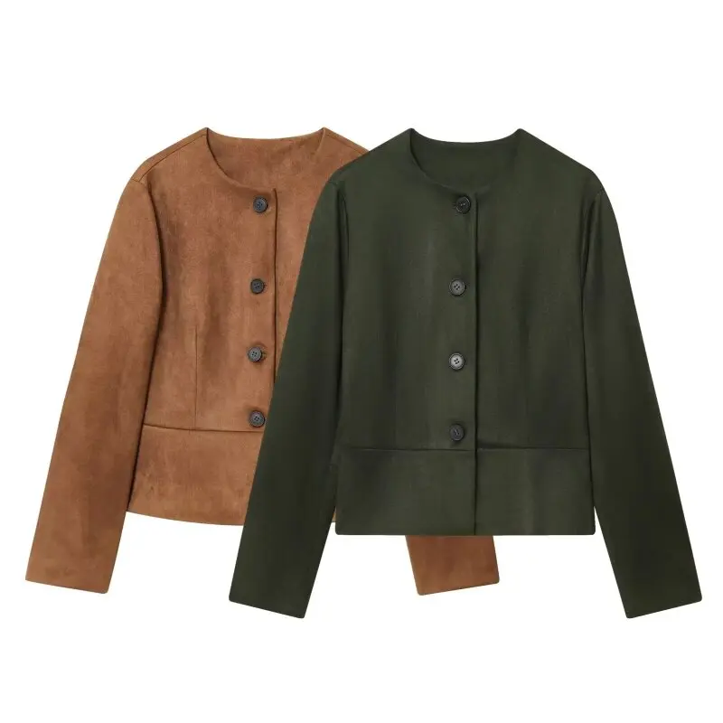 

Vintage Solid O-Neck Button Suit Short Coat Jacket Fashionable Full Sleeves Women Winter Streetwear Clothing Tops Simple Style