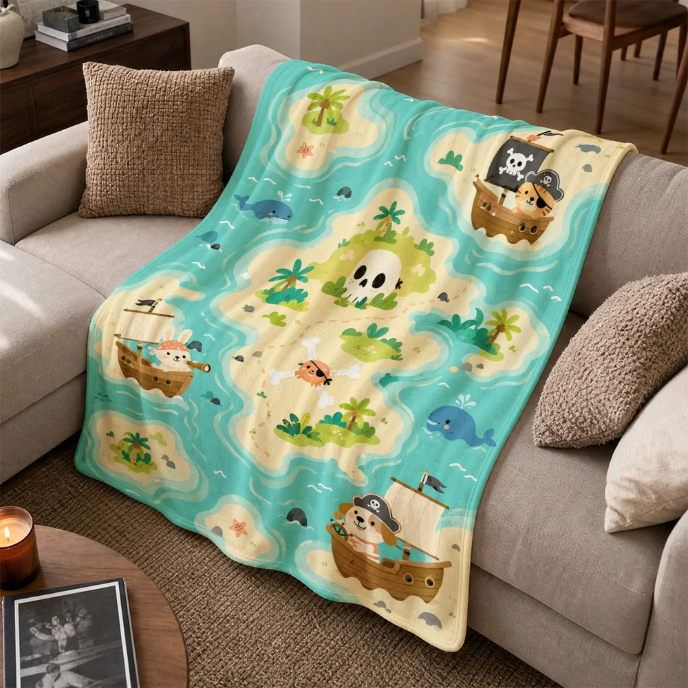 Waterproof Pirate Throw Blanket Throw Sofa Cover Tropical Ocean Sea Life Nautical Theme Cartoon Home Decor Fleece Cozy Gift for