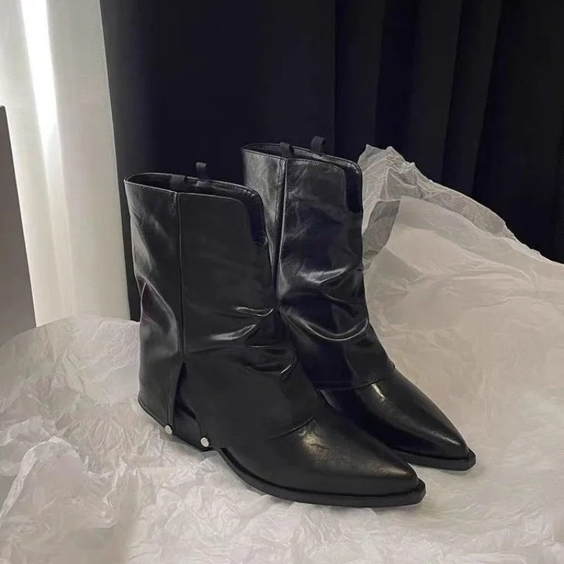 Women's Pointed Toe Thick Heel Pant Boots Fall New Fashion All-in-one Western Cowboy Ankle Boots image 4