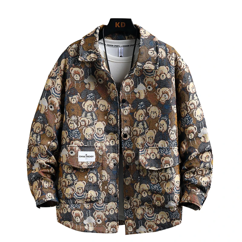 Men Jacket Fashion New Spring Autumn Casual Bear Print Long Sleeve Shirt Retro Youth Casual All-match Top Men Shirt Coat