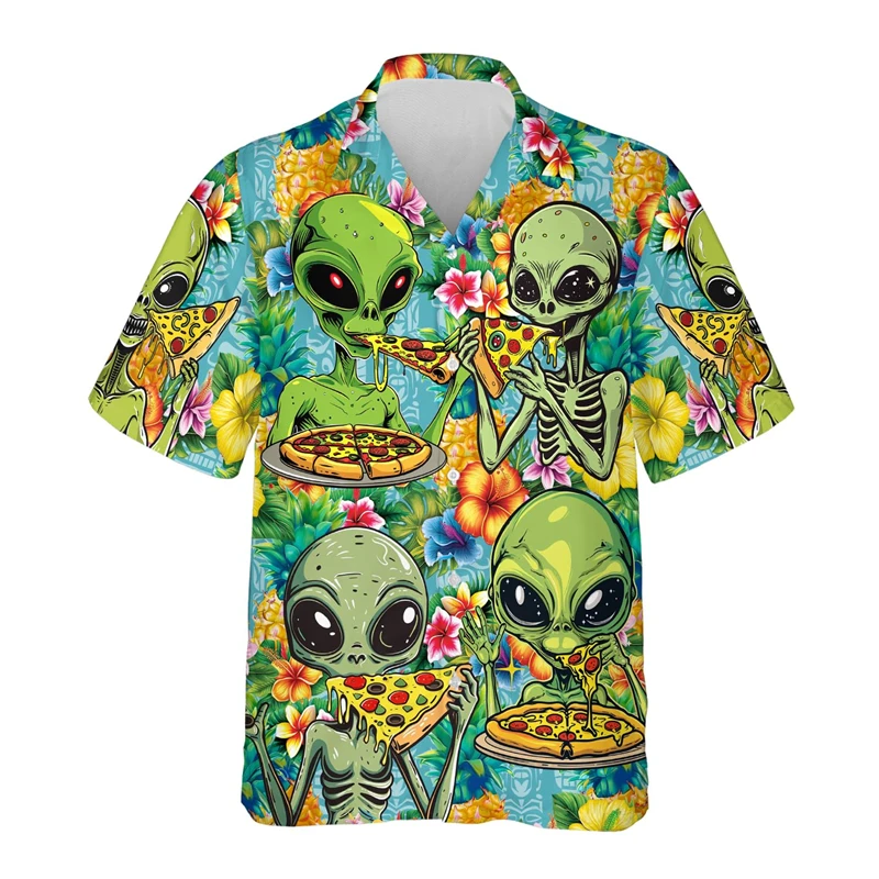 Cartoon Alien Graphic Shirts For Men Clothes Hip Hop Abstract UFO Shirts For Men Clothes Harajuku Male Streetwear Lapel Blouse