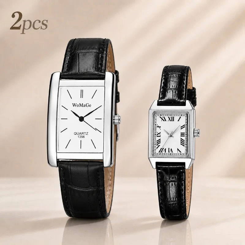 2Pcs Couple Watches Set Retro Rectangular Dial Leather Strap Quartz Wristwatch Simple Fashion Lovers Watch Daily Gift Clock