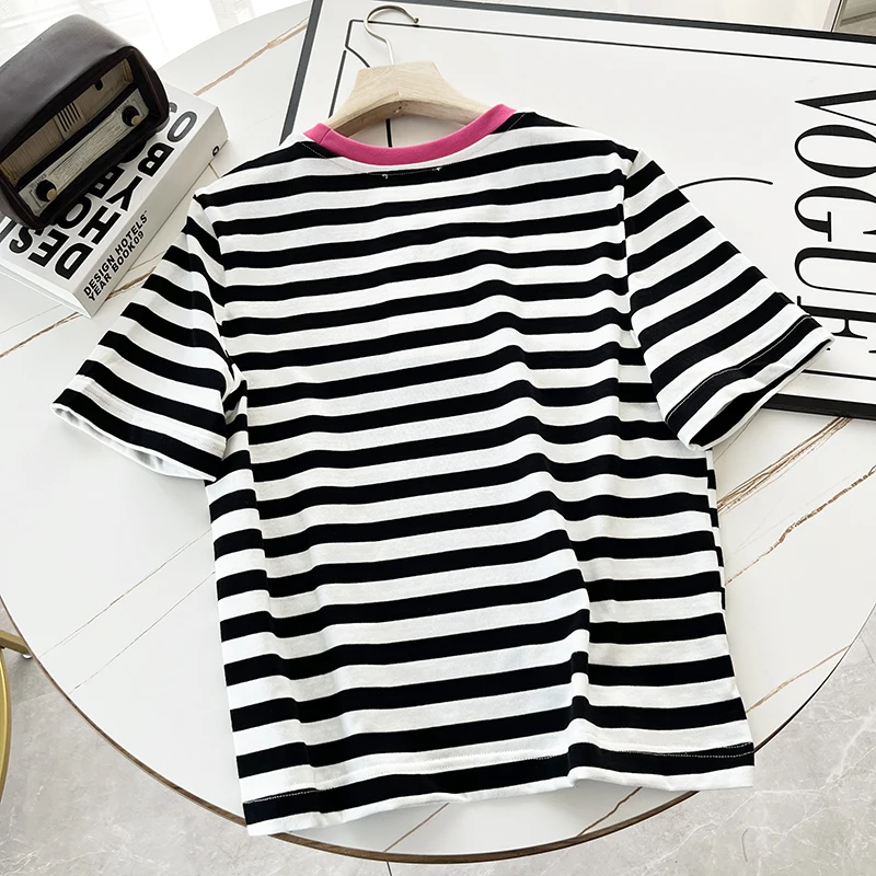 Donegirl Women High Quality 2023 Summer Fashion Striped Patchwork T-Shirt Ladies Casual O-Neck Tees Tops Female y2k clothes Chic