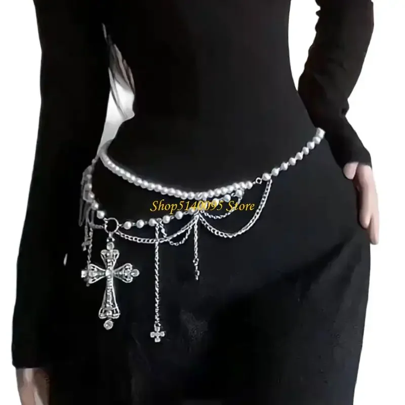 DXAE 2000s Pearls Chain Waist Necklace Punk Rock Body Chain Customizable Length