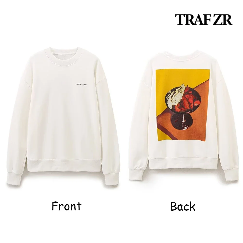 TRAF ZR New Hoodies & Sweatshirts Crew Neck Long Sleeve Sweatshirt Kpop Streetwear Casual Graphic Print Pullovers Y2k Outerwear