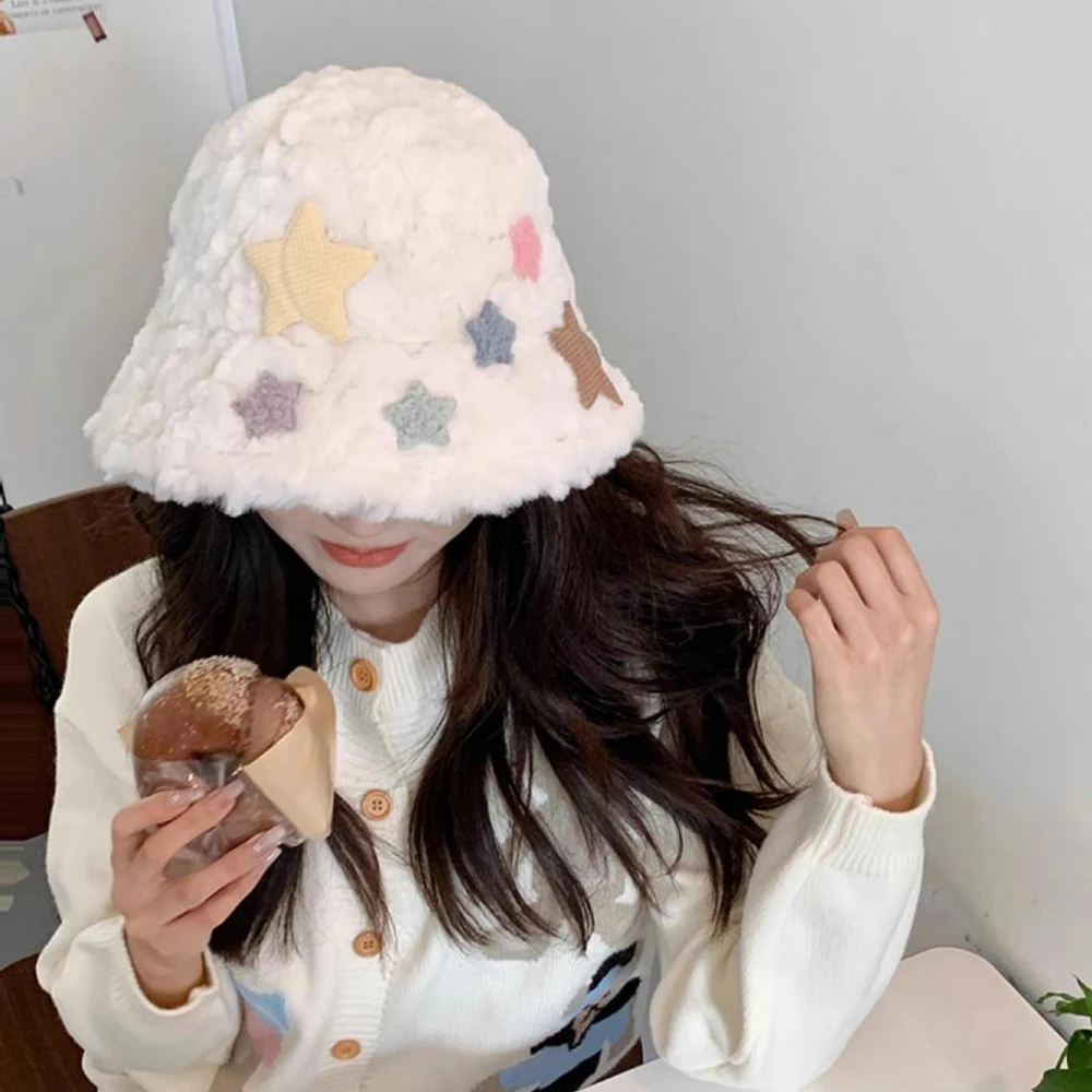 1pc Sweet And Cute Plush Star Fisherman Hat For Women Autumn And Winter Warm Outdoor Fluffy Basin Hat Big Head Fisherman Hat